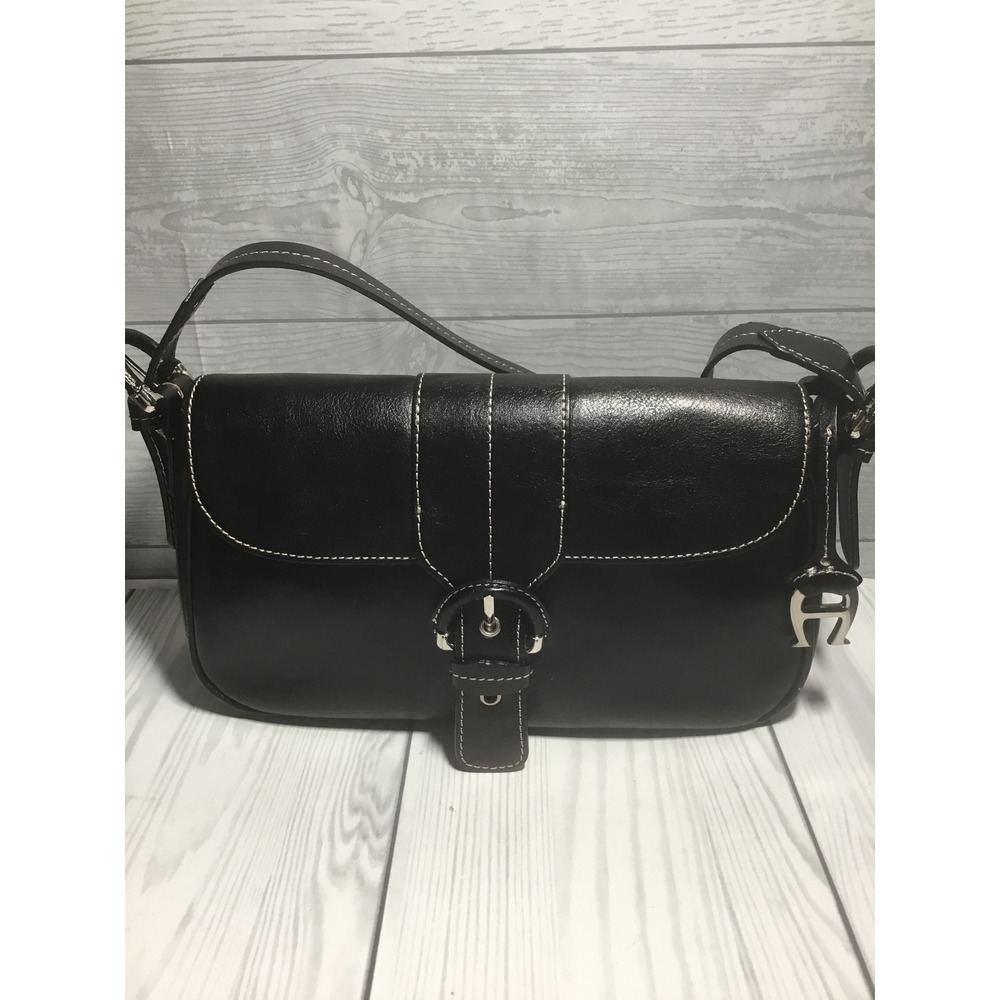 Etienne Aigner Black Leather Shoulder‎ Bag Silver Buckle Accent Flap Closure
